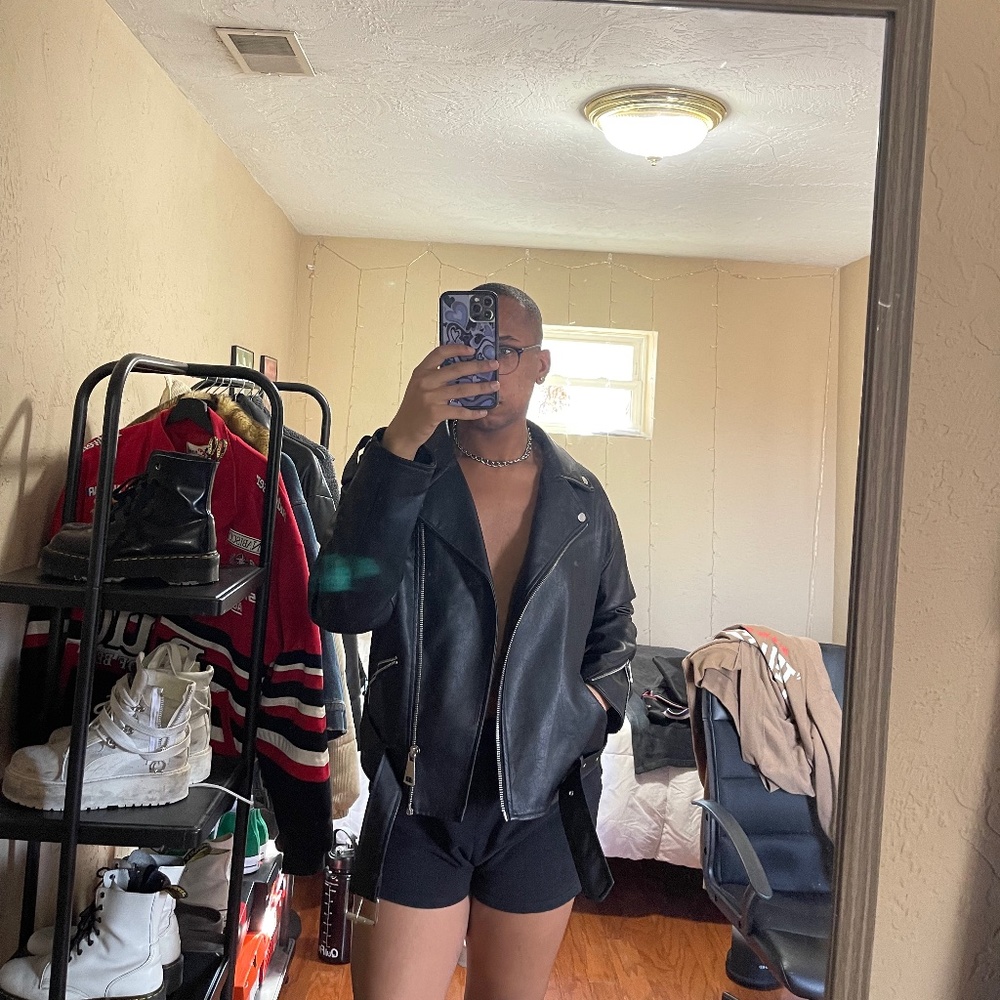 Oversized moto style faux leather jacket